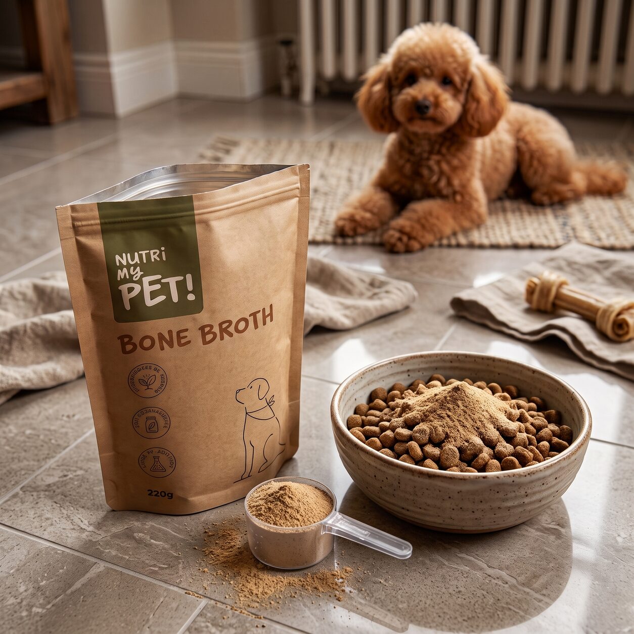 Pacote de Bone Broth Nutri My Pet no chão da cozinha, ao lado da tigela com o pó por cima da ração e da colher dosadora, com um poodle deitado ao fundo