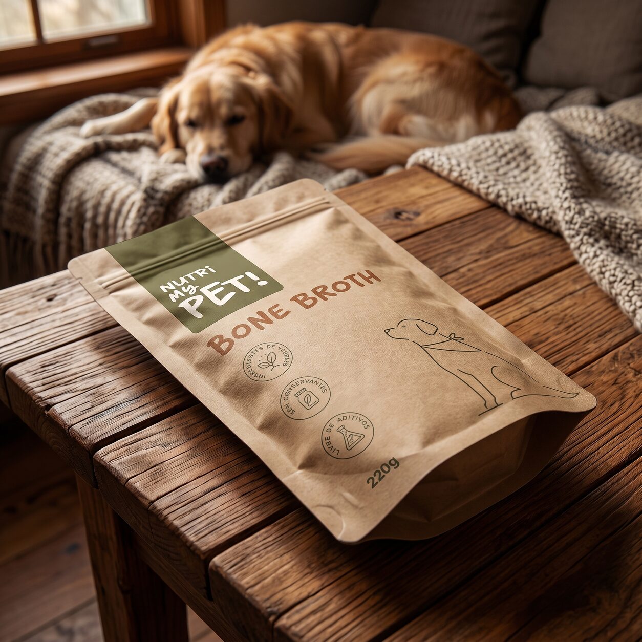 Pacote de Bone Broth Nutri My Pet deitado sobre uma mesa de madeira, com um golden retriever descansando ao fundo